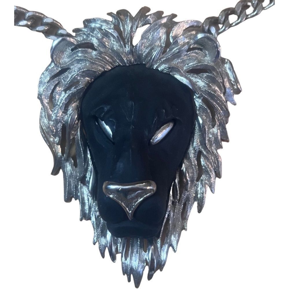 Vintage 1970s Luca Razza Large Collectible Black & Silver Lion Pendent Necklace